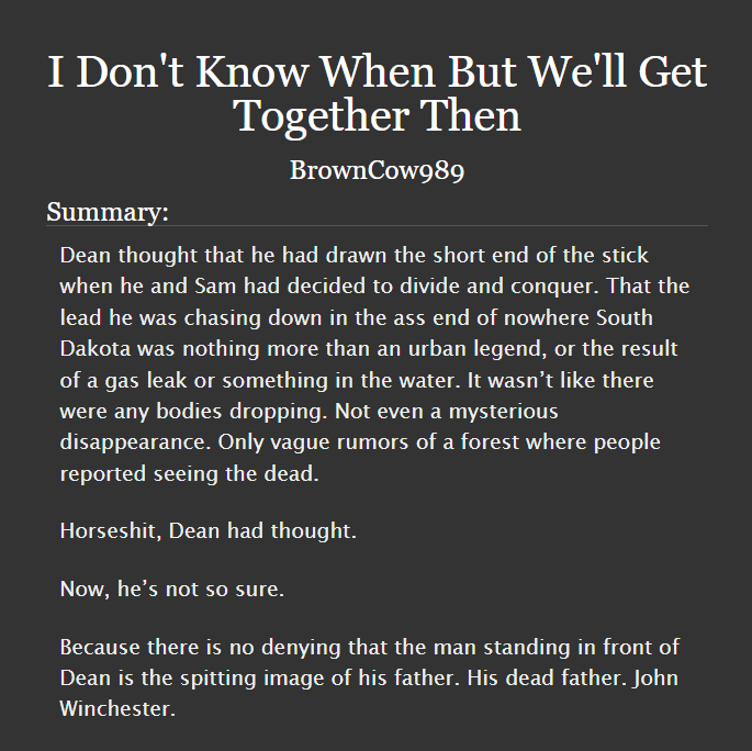 spnficrec's tweet photo. fic of the day: i don't know when but we'll get together then
https://t.co/VvvCXf22GI
words: 8.3k
pairings: dean &amp; sam, john &amp; sam, dean &amp; john
rating: teen and up audiences
warnings: no archive warnings apply
status: complete https://t.co/skVPwjYeOJ