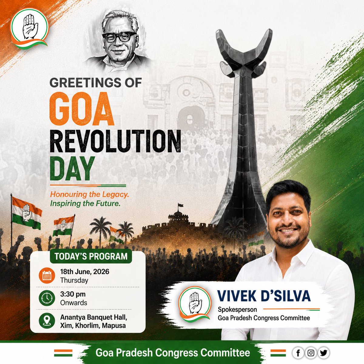 DsilvaVivek's tweet photo. Today, on #GoaKrantiDivas, we pay tribute to the brave revolutionaries whose sacrifices inspired Goa’s liberation and strengthened our democratic values.

Join us at the Goa Pradesh Congress Committee’s Kranti Divas Programme

#GoaRevolutionDay #GoaCongress #RiseUpForGoa #JaiGoa https://t.co/ETLsvVTR1u