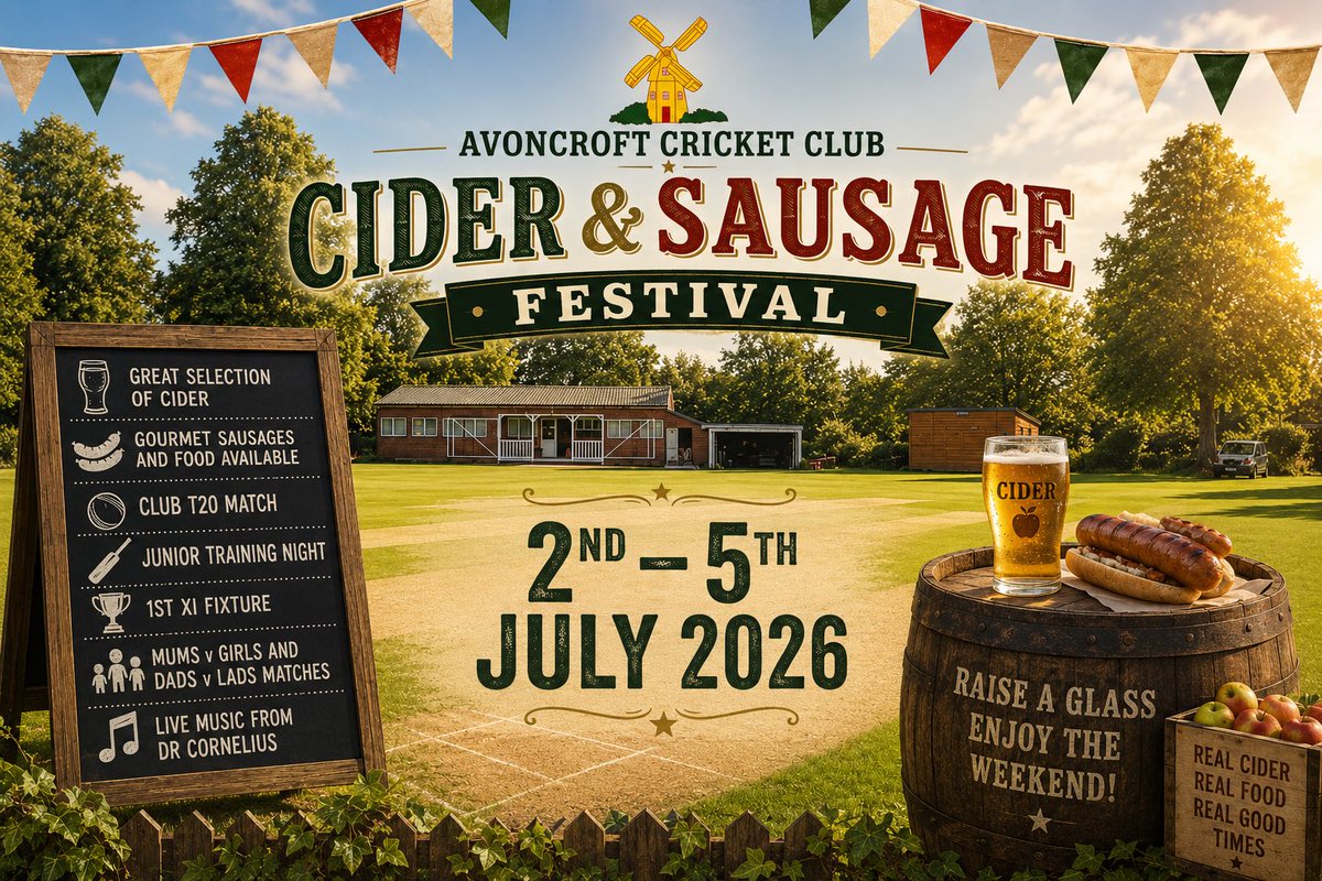CroftCricket's tweet photo. Avoncroft Cider &amp; Sausage Festival 2026

📍Avoncroft Cricket Club
🗓️ Thursday 2nd July - Sunday 5th July 2026
🎟️ Free entry https://t.co/xRzl7Fu7xm