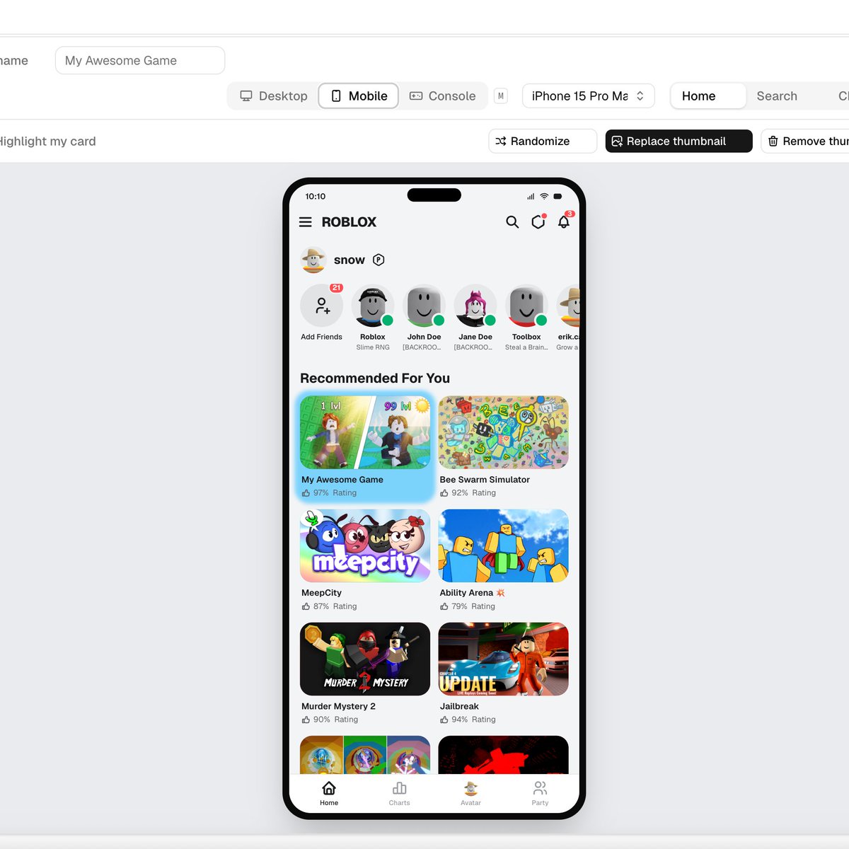 snowoarDev's tweet photo. i kept publishing roblox games and then realizing the thumbnail looked rough in the actual grid.

so i built https://t.co/3GsqBY4Vpk — paste your thumbnail, see it in a real Roblox games row before you ship.

what's your current click-through rate? https://t.co/DwQxMb8DWi
