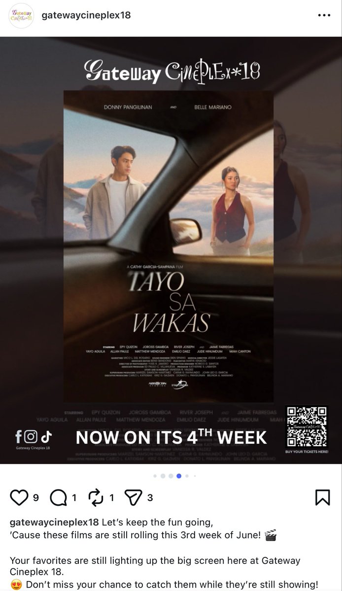 donbellechemy's tweet photo. you can still catch #TayoSaWakas in gateway cineplex 18! from the start they have been so supportive of this film. thank you! 🙏 https://t.co/Excbjp51es