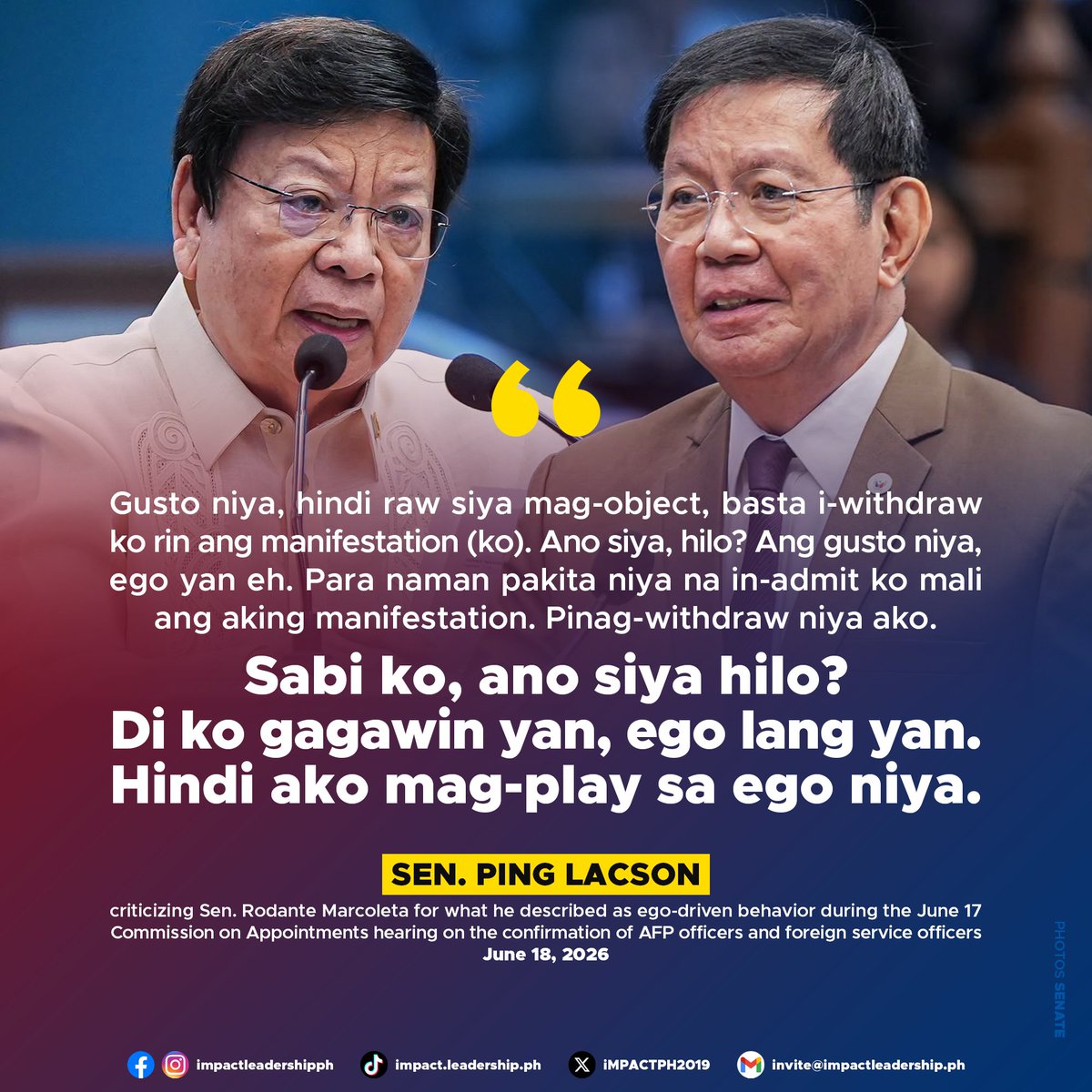 iMPACTPH2019's tweet photo. LACSON CRITICIZES MARCOLETA OVER CA HEARING SPAT, DEFENDS AFP CONFIRMATIONS

Sen. Ping Lacson criticized Sen. Rodante Marcoleta for what he described as ego-driven behavior during Wednesday's Commission on Appointments (CA) hearing.

https://t.co/WYCf1Mpfr7 https://t.co/4G0AqVC7SX