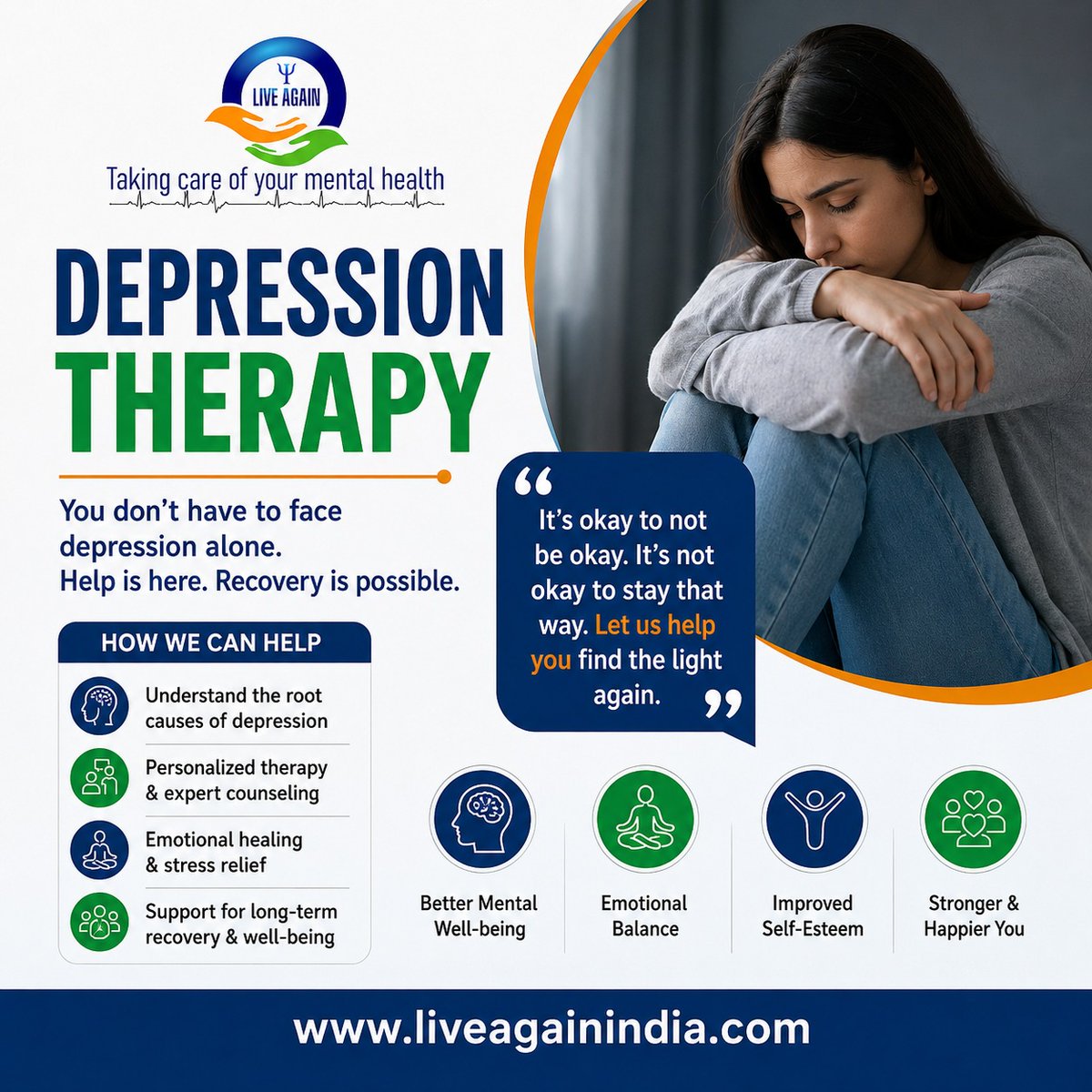LiveAgainIndia1's tweet photo. Depression can affect anyone, but you don't have to go through it alone. At Live Again, we provide compassionate therapy, expert counseling, emotional support, and personalized treatment plans to help you regain confidence, emotional balance, and a better quality of life. https://t.co/CF66NeWduz