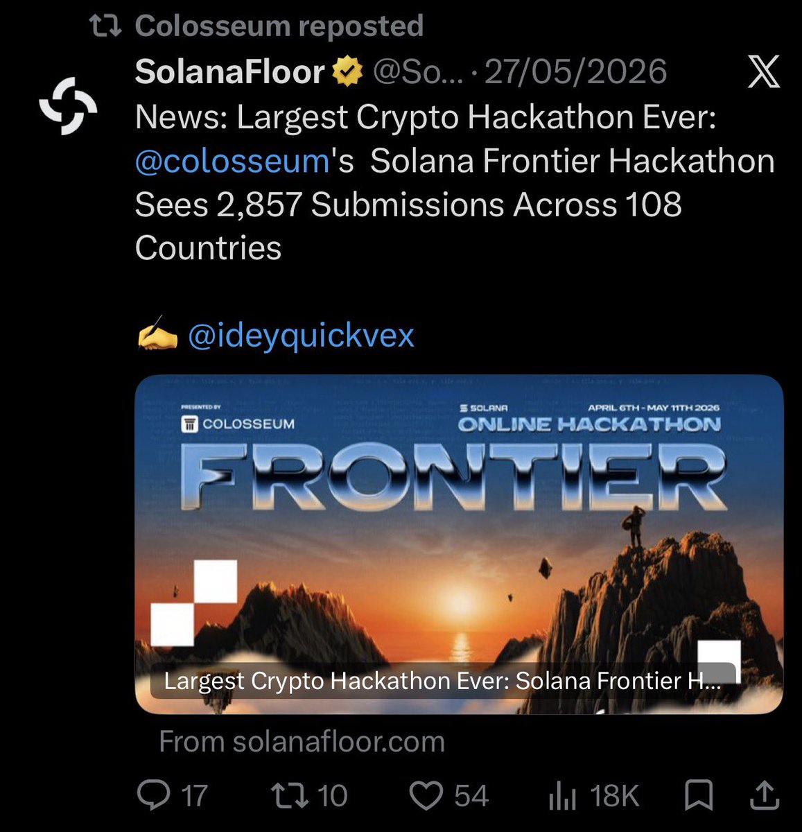 Ohjayy's tweet photo. The Colosseum Frontier Hackathon just wrapped. 2,857 entries. 

And the hardest part wasn’t building it was answering three questions most projects still can’t.

What problem does this actually solve?

Is there a real business model behind it?

Does it fit Solana’s architecture? https://t.co/8rfgnWXpJR