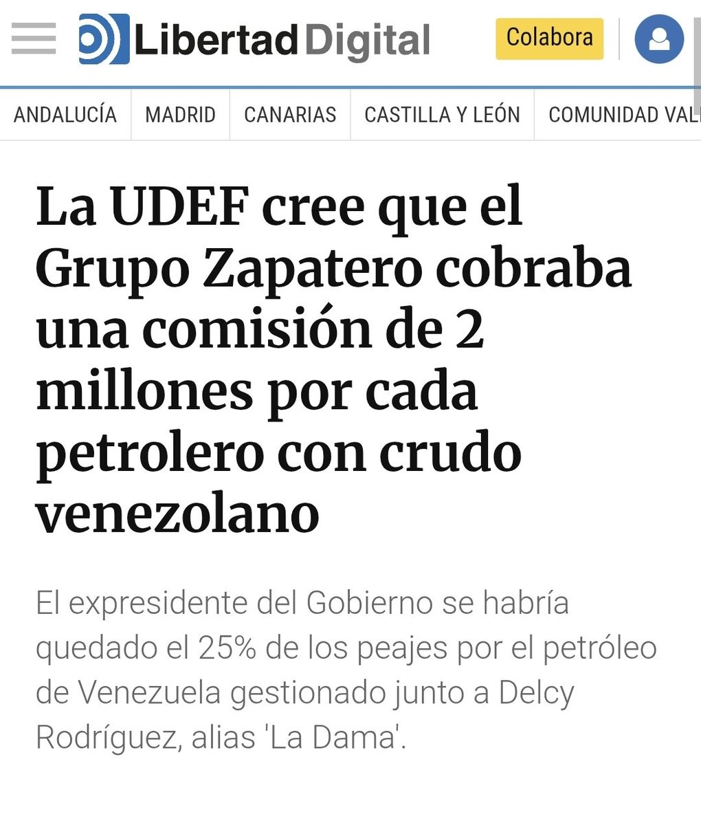criaturina's tweet photo. ZP, IMPUTADO
PLUS ULTRA 
PSOE Y CHAVISMO

📢 LOS NEGOCIOS DE ZAPATERO Y EL NARCORRÉGIMEN

‼️‼️La UDEF cree que el Grupo Zapatero cobraba una comisión de 2 millones por cada petrolero con crudo venezolano.

El expresidente del Gobierno se habría quedado el 25% de los peajes por el petróleo de Venezuela gestionado junto a Delcy Rodríguez.
 https://t.co/mroE66RYpK