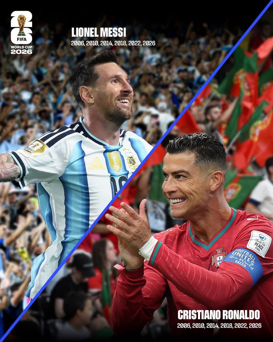 michombero's tweet photo. Entrés dans l’histoire 

Lionel Messi et Cristiano Ronaldo sont les seuls joueurs de l’histoire à avoir disputé six éditions de la Coupe du Monde de la FIFA. 🙌

Source : @FIFAWorldCup https://t.co/QhjAOC35tS