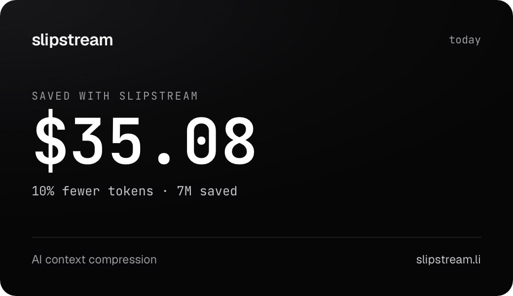 slipstream_app's tweet photo. Slipstream has saved me $35.08 and cut 10% of my AI tokens.

It compresses every request before it hits the model — zero setup, runs locally. Free for 30 days: https://t.co/hm7jzh0g3X https://t.co/QeBEbLlYCW