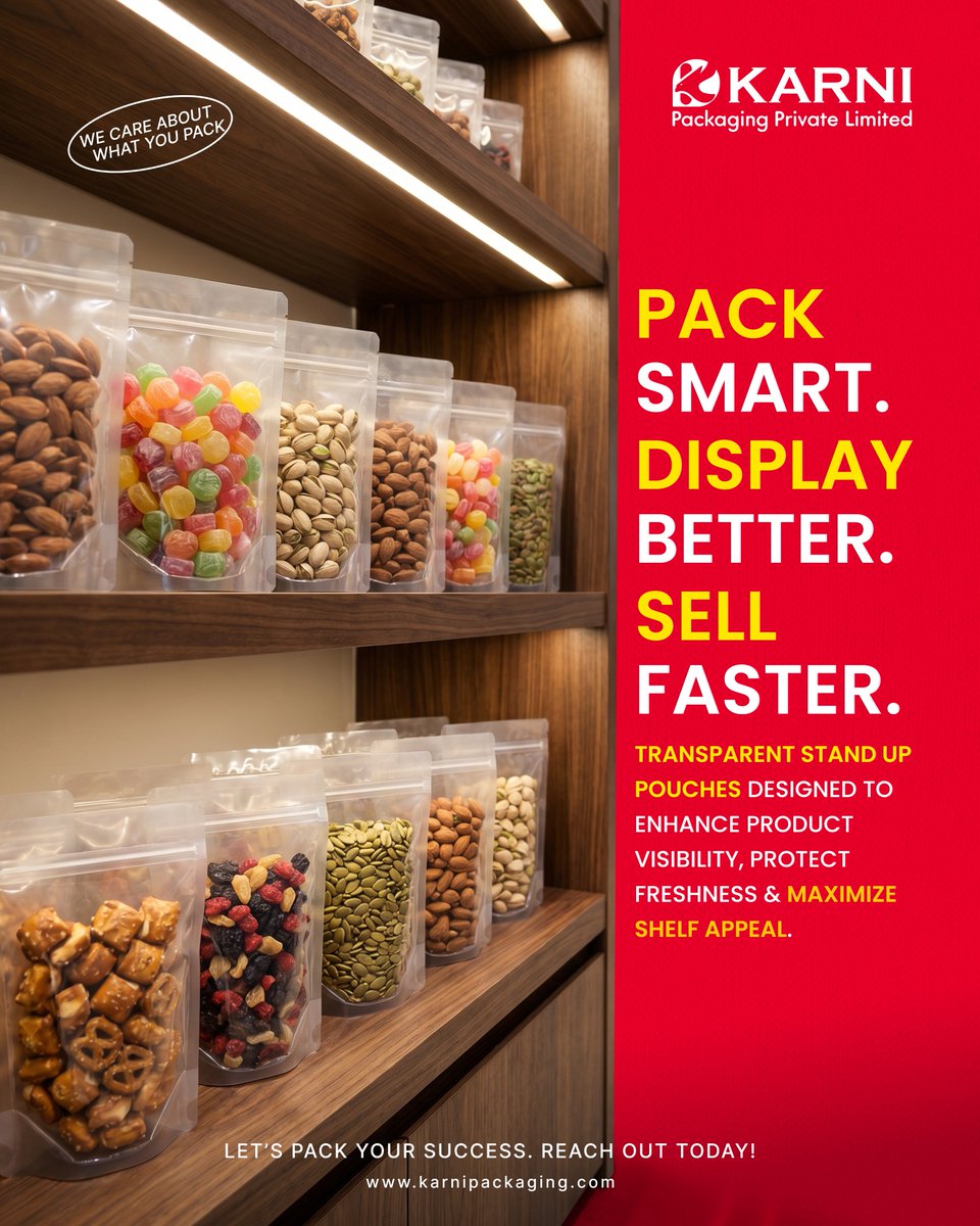 karni_packaging's tweet photo. Pack smart. Display better. Sell faster. 📦
Transparent stand-up pouches that boost product visibility, preserve freshness &amp; maximize shelf appeal.
🌐 https://t.co/8s0VaLLh9p
#StandUpPouches #KarniPackaging #ShelfAppeal https://t.co/Tk4A5ywyxh