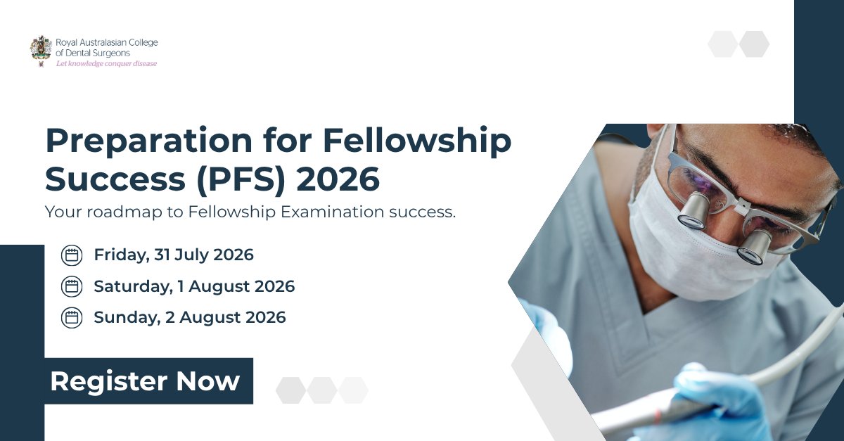RACDSEducation's tweet photo. Join Preparation for Fellwship Success (PFS) 2026

📅 31 Jul - 2 Aug
📍 Hybrid | Sydney &amp; Online
🎓 13 CPD Hours

Register for both the 2026 PFS and the 2027 Fellowship examination by 30 June to activate a 10% discount off the exam fee: PFS26EXAM

https://t.co/d4hqsfe1Gb https://t.co/tnK5fnLPhK