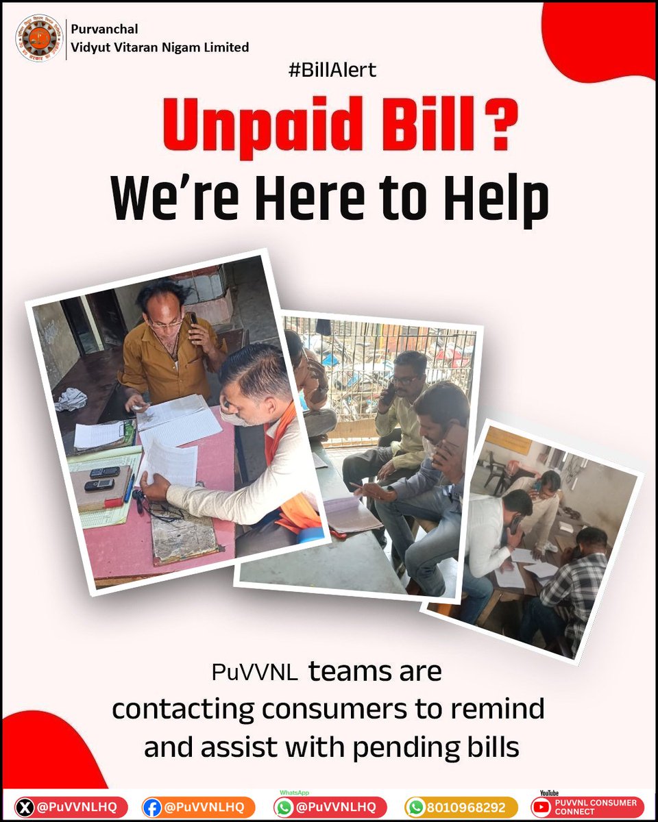 PuVVNLHQ's tweet photo. Avoid service interruptions by clearing your electricity dues on time. Our team is reaching out to guide and support you for a smooth and hassle-free experience. 
#UPPCL #BillAlert #ConsumerCare #StayConnected

@aksharmaBharat @EMofficeUP @ChairmanUppcl
@CMOfficeUP @ChiefSecyUP @UPPCLLKO
@DTPuvvnl