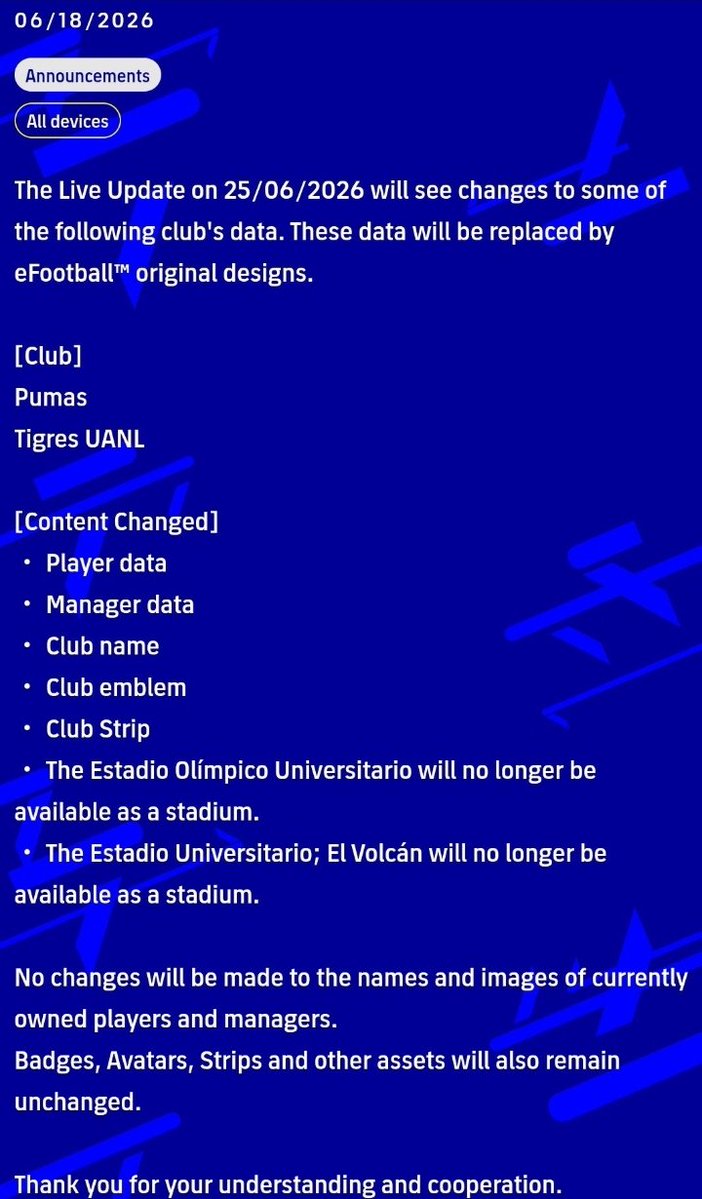 MrAAK360's tweet photo. Their club names, badges, kits, managers, and stadiums will be replaced with eFootball original versions. ⚠️

However, currently owned players and managers will remain unchanged. ✅

#Konami #eFootball #イーフト https://t.co/3E5MuwiUcQ