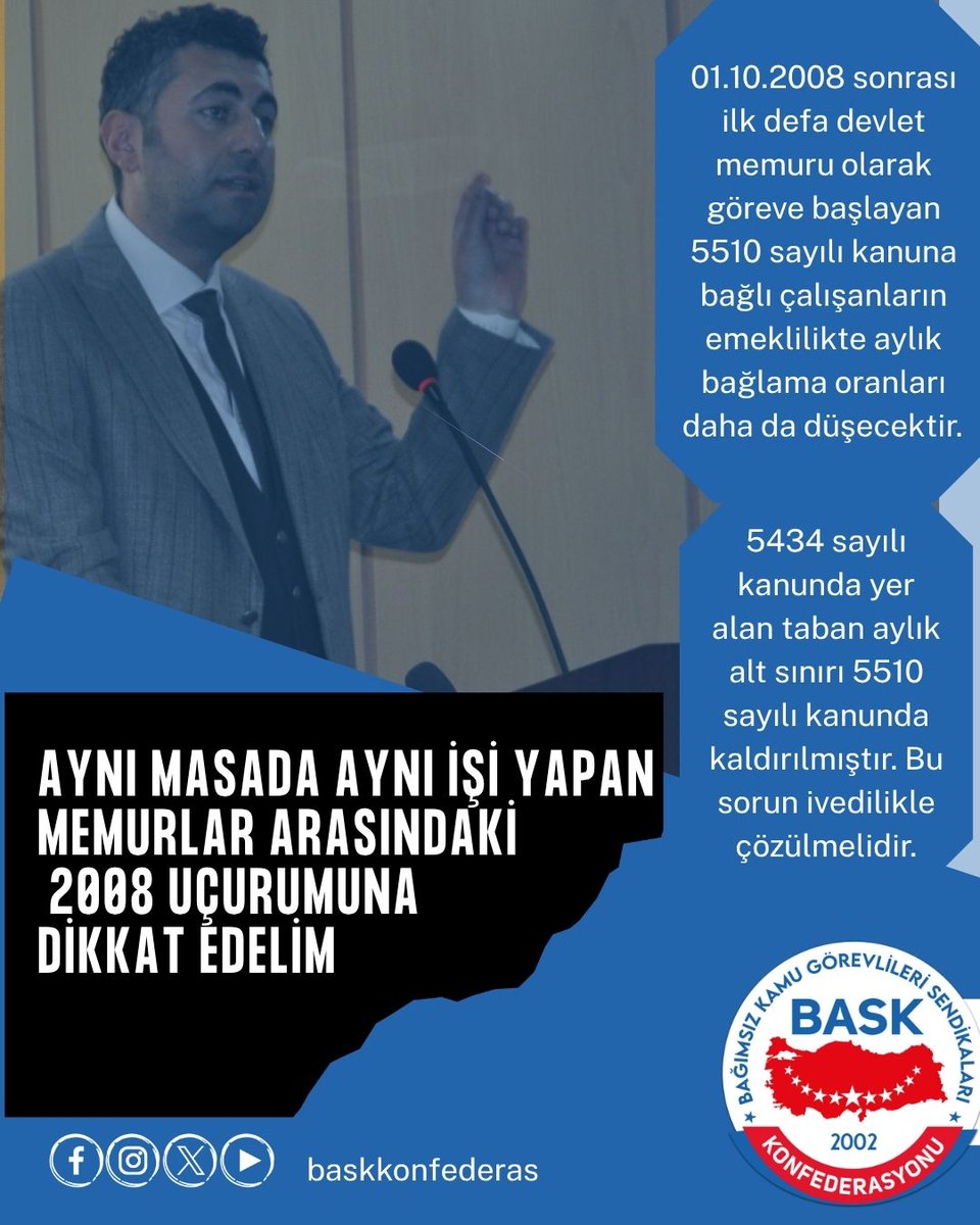 baskkonfederas's tweet photo. AYNI MASADA AYNI İŞİ YAPAN MEMURLAR ARASINDAKİ 2008 UÇURUMUNA DİKKAT EDELİM

Kamu hizmetlerinde 01.10.2008 yılından önce göreve başlayan memurlarla, bu tarihten sonra başlayan meslektaşlarımız arasında ne yazık ki sessiz sedasız çok büyük bir uçurum açıldı.

2008 yılında yürürlüğe giren 5510 sayılı Kanun’la birlikte kamu çalışanlarının emekli aylıklarından borçlanmalarına kadar çok ciddi hak kayıpları yaşandı.

Bu kanunla birlikte, 1 Ekim 2008'den sonra ilk defa devlet memuru olanların emekli aylıkları, memur gibi değil, adeta SSK ve Bağ-Kur'lular gibi hesaplanmaya başlandı.

Yani demek oluyor ki;

2008 öncesi girenlerin maaş hesabında derecesi, kademesi, ek göstergesi ve makam tazminatları dikkate alınırken;
Yeni memurların emekli maaşı sadece kurumun yatırdığı prim üzerinden hesaplanıyor.

Bugün kamu kurumları matrahı ve primleri düşük yansıttığı için, çalışırken cebinize ne kadar yüksek net maaş girerse girsin, emeklilik gününüz geldiğinde çok düşük bir aylığa mahkûm kalacaksınız.

Aynı iş yerinde, aynı odada çalıştığınız 2008 öncesi girişli mesai arkadaşınız emekli olduğunda ne alıyorsa, siz onun aldığı maaşın neredeyse yarısını ancak görebileceksiniz.

Hatta bu tarihten sonra işe girip emekli olanlar, emekli olduklarındaki asgari ücretten dahi daha düşük emekli aylığı alacaklardır.

1 Ekim 2008 öncesi ve sonrası kamu çalışanları arasında açılan bu derin uçurumun kapanması, memurun emeklilikte sefalete mahkûm edilmemesi için bu tarihten sonra işe girenlerin ne ile karşılaşacaklarını bilmesi gerekir.

BASK ve Anadolu Eğitim Sendikası olarak ilk günden itibaren bu hak gaspının karşısında durmaya, kamuoyunu bilgilendirmeye çalıştık. Bu hak kaybı önlenene kadar da kamu çalışanlarının hakkını aramaya sonuna kadar devam edeceğiz.