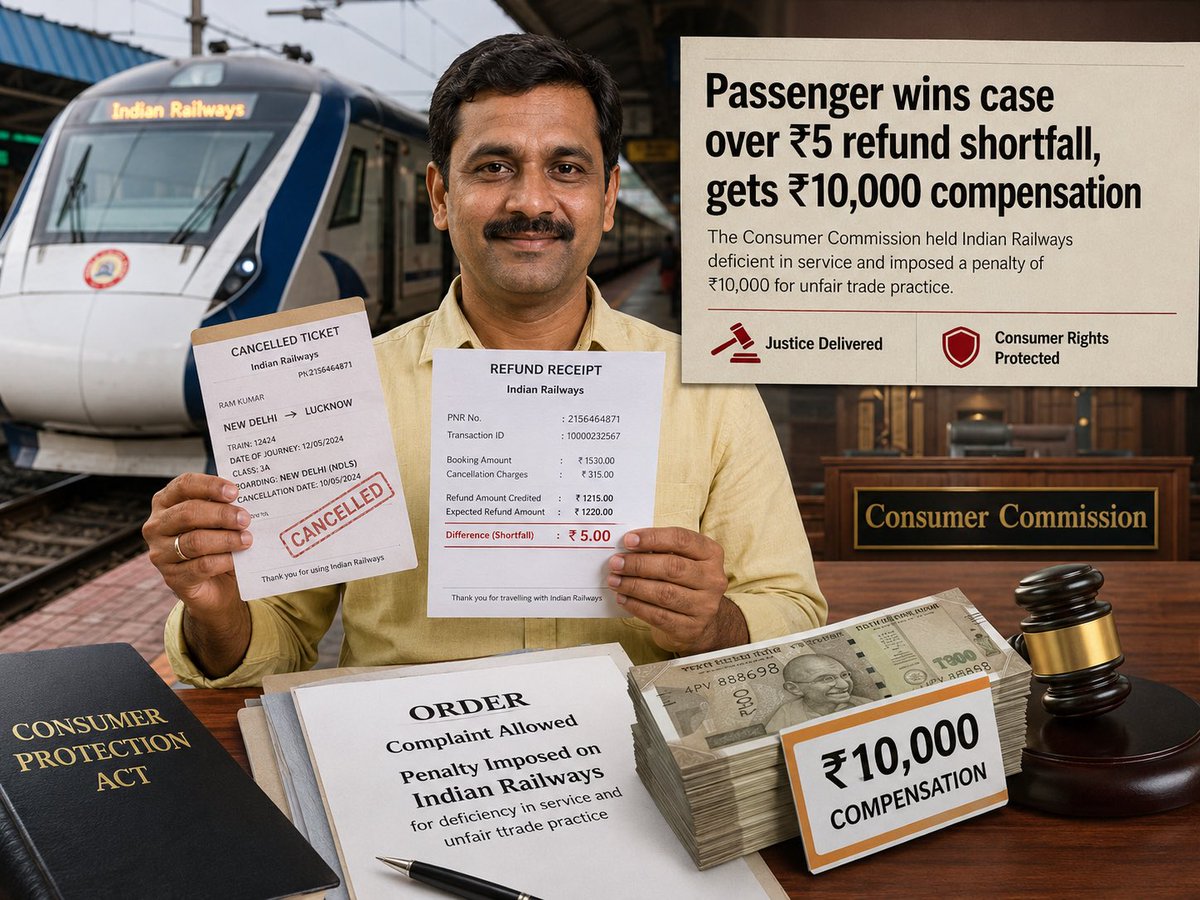 upsctrickonly's tweet photo. A consumer commission in Punjab has directed Indian Railways to refund the missing ₹5 and pay ₹10,000 as compensation and litigation costs to a passenger after he received ₹5 less than the amount due following the cancellation of a train ticket. https://t.co/74ruIG7vzj