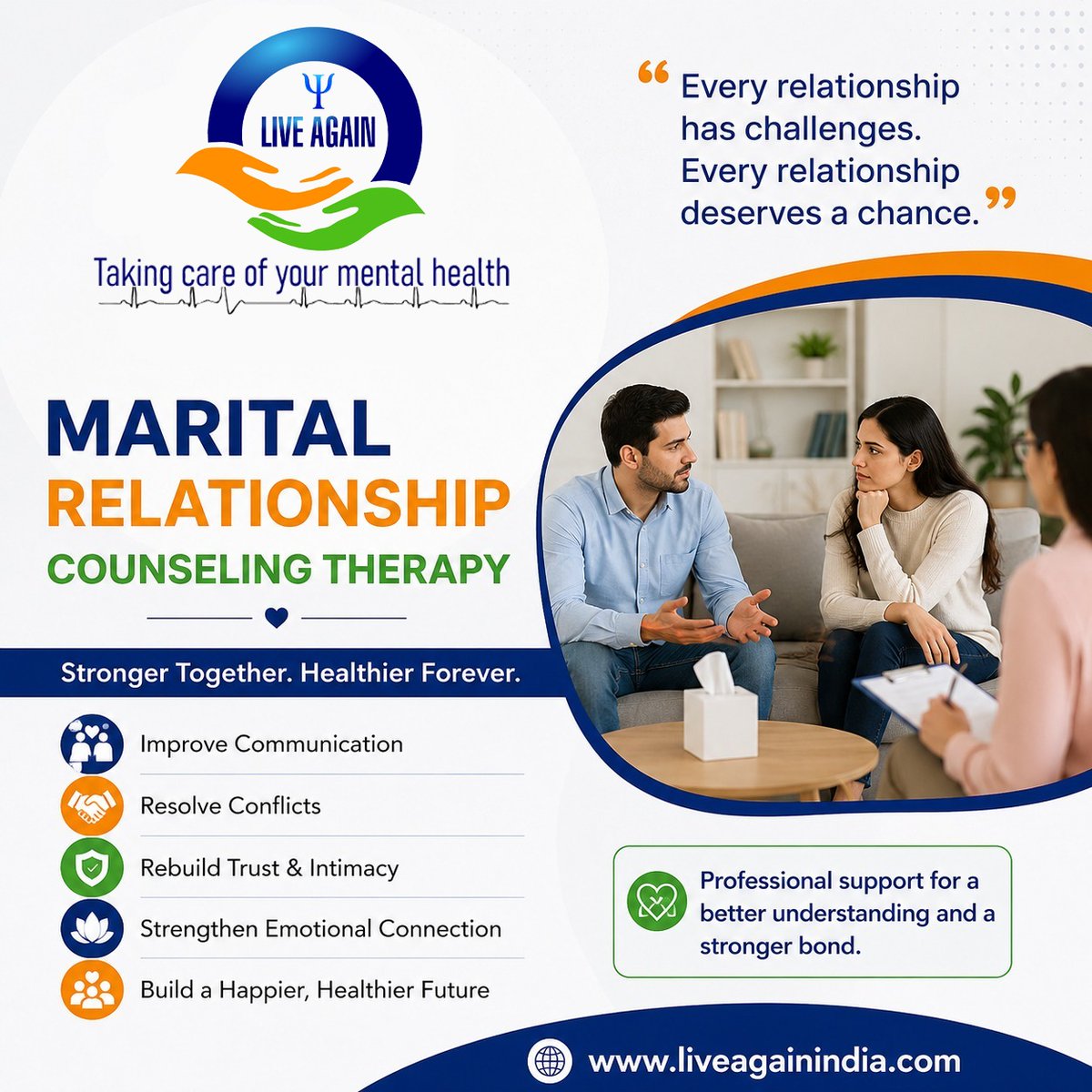 LiveAgainIndia1's tweet photo. Every relationship experiences challenges, but with the right guidance, couples can rebuild trust, improve communication, and strengthen their emotional connectio
At Live Again, our professional marital relationship counseling provides a safe and supportive environment.. https://t.co/f0Atxmlgjx