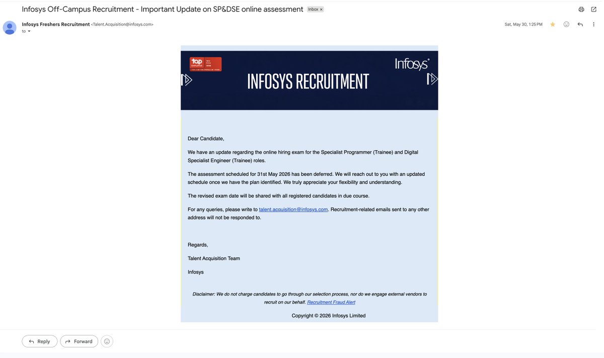 hackaman4's tweet photo. @Infosys @InfosysCareers
online assessment, which was originally scheduled for May 31, 2026. As it has been several weeks since the original date was deferred, could you please provide an update on when the revised test is expected to take place? https://t.co/mel0Vuohs2