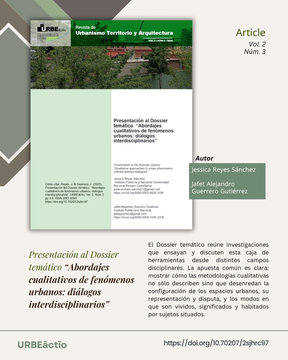 RUrbeactio's tweet photo. 📚 Cada artículo del Vol. 2, Núm. 3 nos ofrece una mirada distinta a los retos y transformaciones de nuestras ciudades.
Desliza para conocer algunos de los temas que encontrarás en nuestra revista digital URBEãctio.
🔗 Lee el volumen completo:[https://t.co/Na1sAAXibI] https://t.co/svH4uHP0XX