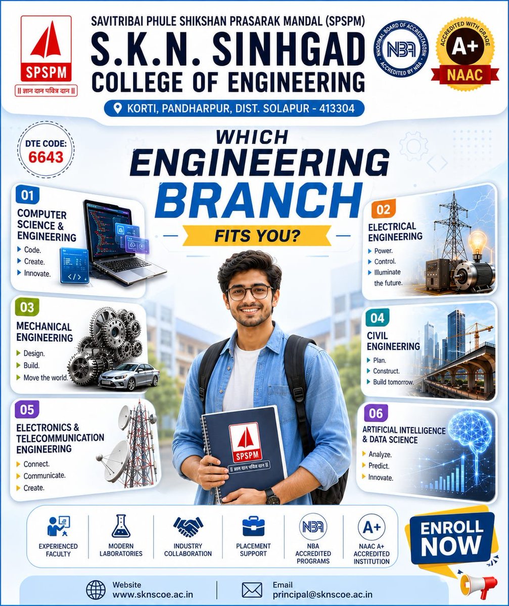 SINHGADINSTITU2's tweet photo. Choose the Branch That Shapes Your Future...!!!
At S.K.N. Sinhgad College of Engineering, Korti,Pandharpur.
#SKNSCOE #SinhgadEngineering #EngineeringAdmissions2026 #NAACAPlus #NBAAccredited #ChooseYourBranch #EnrollNow https://t.co/R7tj2osS0U