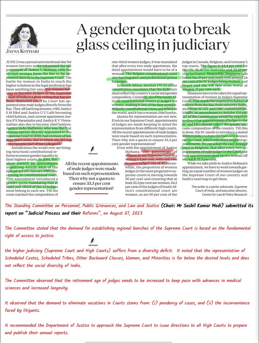 factsforupsc's tweet photo. Article discusses the need for Judicial Reform keeping in mind lack of Women Judges in Higher Judiciary.
Source Indian Express.

Article discusses about less number of women being appointed as Judge from bar.
Also highlights issue of tennure women judge is also less , don't get chance to become CJI.

Article also highlights case studies of other countries which you can quote in your paper.

I also added the recommendations of Sh. Sushil Kumar Modi on Judicial Reform.