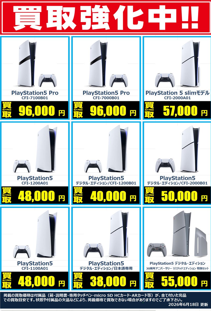 MiyaharaGame's tweet photo. 【PS5本体強化買取】　
PlayStation 5　Pro　CFI-7100B01　96000円
PlayStation 5　Pro　CFI-7000B01　96000円
PlayStation 5　slim　CFI-2000A01　57000円
PlayStation 5　CFI-1200A01　48000円
PlayStation 5　ﾃﾞｼﾞﾀﾙｴﾃﾞｨｼｮﾝ　CFI-1200B01　40000円 https://t.co/UK63YQoObK
