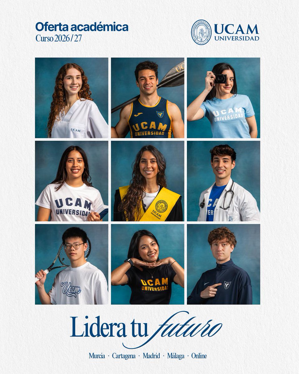 UCAM's tweet photo. 🎓 ¿Estás pensando en tu futuro académico? En la UCAM encontrarás una oferta formativa pensada para ayudarte a descubrir tu vocación y prepararte para tu futuro profesional.

📚 Grados o postgrados en Murcia, Cartagena, Madrid, Málaga y modalidad online, con formación práctica, atención personalizada, instalaciones modernas y una comunidad universitaria internacional.

🌍 Más de 23.000 alumnos, estudiantes de 135 nacionalidades, tecnología aplicada a la docencia, prácticas, tutorías personales y una formación basada en valores.

🚀 Consulta la versión digital de nuestra revista de grados 2026/27 y descubre todo lo que la UCAM puede ofrecerte: https://t.co/wEw1ix4lw5