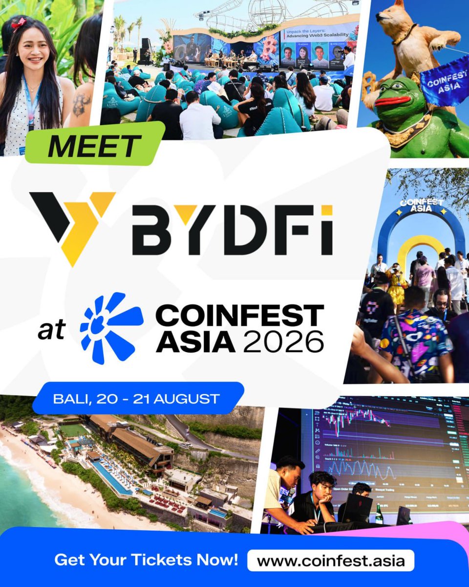 CoinfestAsia's tweet photo. BUIDL Your Dream Finance.

That's not just a slogan, that's what @BYDFi has been doing since day one for traders around the world. Now they're coming to Coinfest Asia 2026, and we couldn't be more ready.

Join Coinfest Asia 2026, the world's crypto festival.

Get your tickets at https://t.co/03oinnRQ4a ☀️