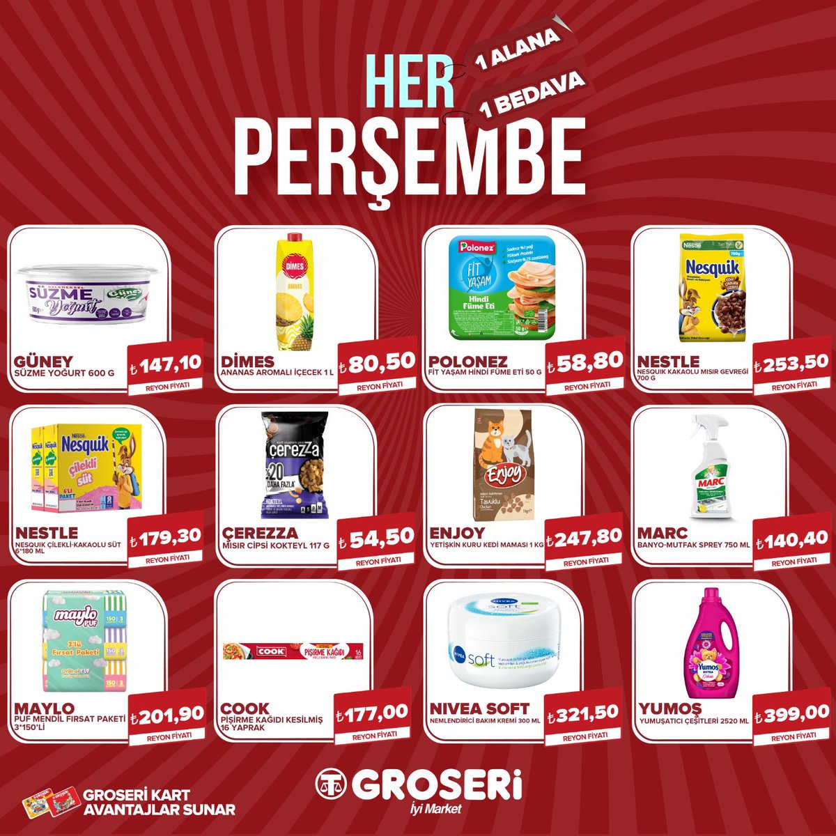 groseri's tweet photo. 🎉 Her Perşembe Groseri’de Büyük Fırsat! 🎉

Seçili ürünlerde 1 alana 1 bedava kampanyasıyla alışveriş keyfinizi ikiye katlıyoruz! 🛒💥

Her Perşembe Groseri’de buluşalım! 🤗 https://t.co/SqoYSvZb1B https://t.co/6Dl7cAMORI