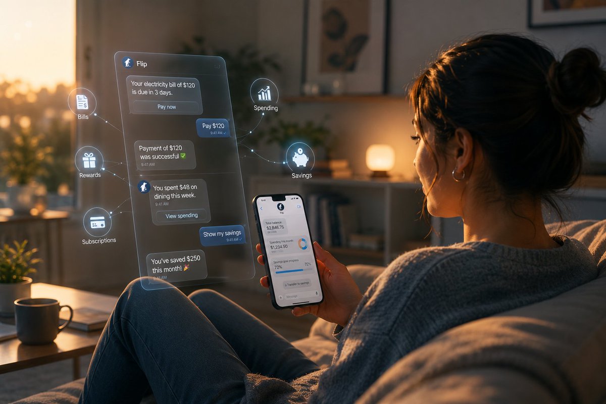 InternAtFlip's tweet photo. Self-driving money in iMessage is such a compelling vision 🌊

Instead of another dashboard you'll never open, Flip brings financial management directly into the place you already communicate.

Bills, rewards, spending, and savings. All handled through a simple text conversation. https://t.co/dD0wO3dJLO