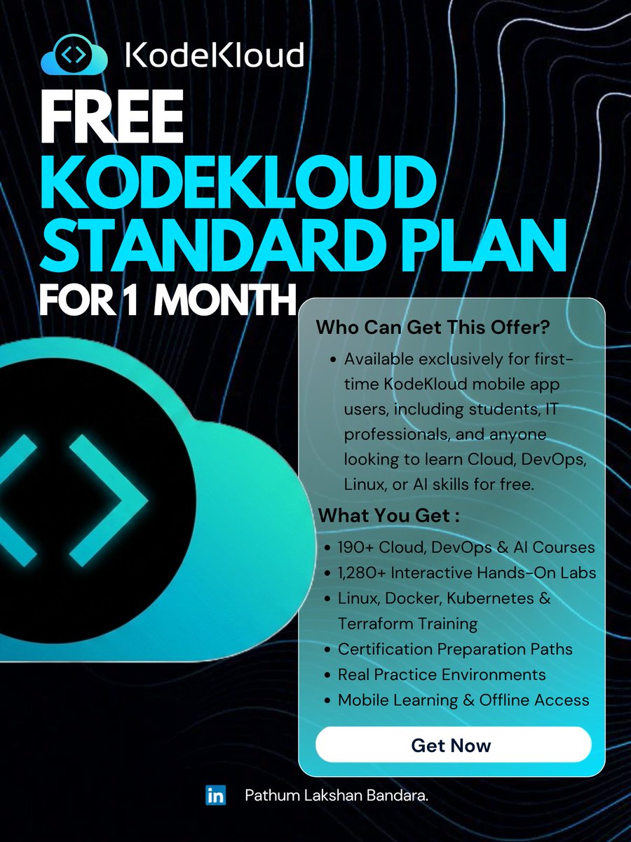 pathumztweet's tweet photo. 🚨@KodeKloudHQ Standard Plan – FREE for 1 Month!

KodeKloud is offering FREE access to its Standard Plan for a limited time.

📅 Offer Ends: June 19, 2026
👥 Eligibility: First-time KodeKloud mobile app users.

🔗 Download the KodeKloud Mobile App: https://t.co/Tslj5mgcE1 https://t.co/QsOO4MepUU