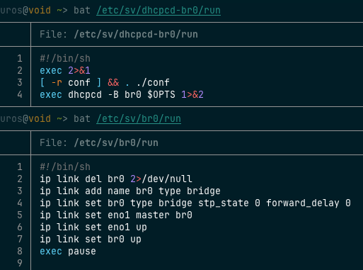 popovicu94's tweet photo. Now that I reimaged two machines with Void Linux and FreeBSD back to back, both new to me, here are some thoughts on Linux vs BSD.

I tried to bridge the Ethernet port on both and the experiences were quite different.

As I've said many times before, BSDs are complete OSes: kernel and userspace bundled together. Linux is just a kernel. Linux distros are the full package, not Linux itself.

The difference on something like interface bridging is pronounced. On FreeBSD it was a couple of lines in rc.conf:

cloned_interfaces+="bridge0"
ifconfig_re0="up"
ifconfig_bridge0="addm re0 up SYNCDHCP"

Userspace and kernel do the dance and make it happen.

On Void Linux, I had to be the integrator myself.

Instead of declaratively saying I want a bridge, I had to design the runit services: one that builds the bridge from ip link primitives and pulls the physical Ethernet under it, and a per-interface DHCP client on top. I even had to move the shipped master dhcpcd out of the way so two DHCP clients wouldn't fight over the link.

This was architecting a small piece of the OS, all to solve a very common problem.

I've come to appreciate the elegance of BSDs more and more since I started putting them side by side with Linux distros like this.

To you, is this a bug or a feature? Do you prefer that the OS asks you to architect a piece of it, or do you just want to tell the OS "bridge this interface" and move on with your life?