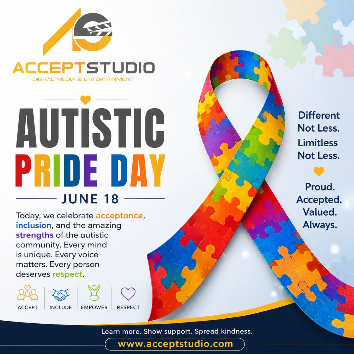 AcceptStudio's tweet photo. Today, we celebrate the unique strengths, talents, and perspectives of autistic individuals around the world. Autism is not something to be hidden—it's a part of identity, creativity, and diversity.Let's build a society based on acceptance, inclusion, understanding, and respect https://t.co/hLvjBHzAH0