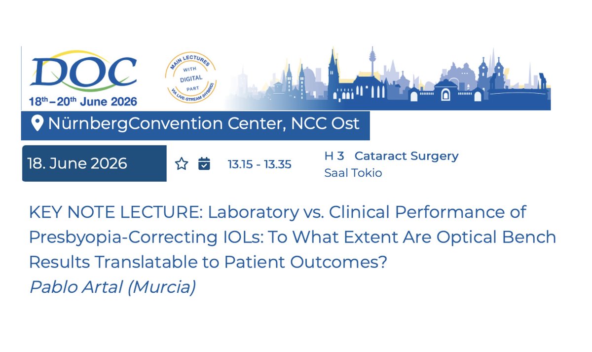pablo_artal's tweet photo. Excited to deliver today a keynote lecture at #DOC2026 in Nuremberg
Can we predict what cataract patients will actually see after surgery?
I’ll discuss connection between optical bench testing, visual simulations, clinical outcomes and our experience with the unique ArtIOLs https://t.co/aW6qpAazUT