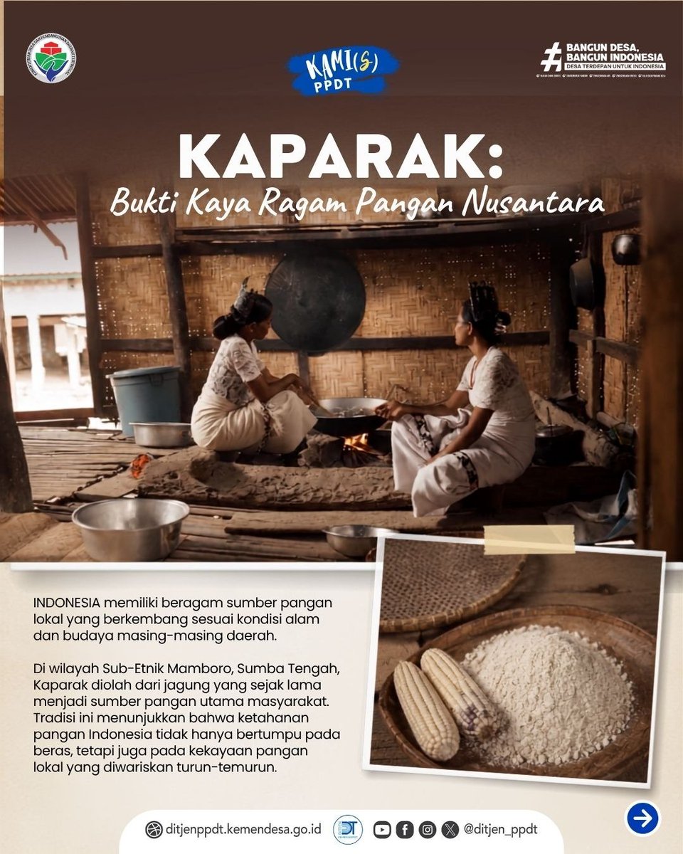 Ditjen_PPDT's tweet photo. Kaparak merupakan warisan pangan lokal masyarakat Sumba yang mencerminkan kearifan dalam menjaga ketahanan pangan, keberagaman pangan, dan identitas budaya. Mari kenali dan lestarikan pangan lokal sebagai bagian dari kekayaan budaya Indonesia. 

#KAMIsPPDT
#Sumba
#Karapak https://t.co/tK5KGU9k3Q