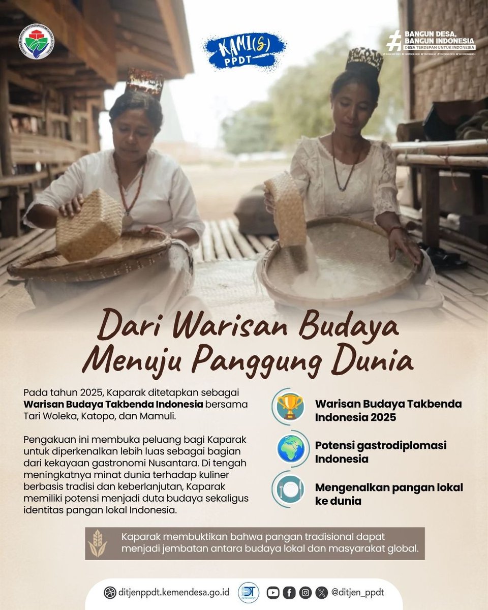 Ditjen_PPDT's tweet photo. Kaparak merupakan warisan pangan lokal masyarakat Sumba yang mencerminkan kearifan dalam menjaga ketahanan pangan, keberagaman pangan, dan identitas budaya. Mari kenali dan lestarikan pangan lokal sebagai bagian dari kekayaan budaya Indonesia. 

#KAMIsPPDT
#Sumba
#Karapak https://t.co/tK5KGU9k3Q