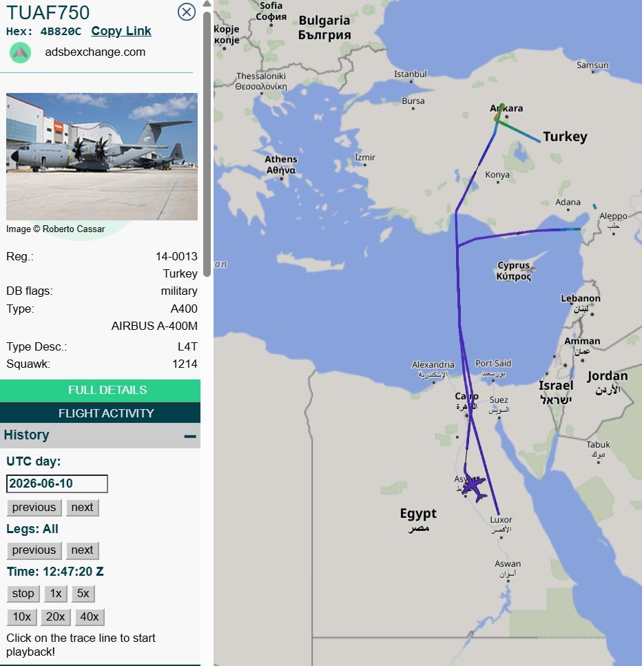 AfriMEOSINT's tweet photo. Turkish Air Force A400M flights to Sudan 🇸🇩 again?

Earlier this week, two TUAF A400Ms (14-0013 &amp; 18-0094) departed Mürted Airbase in Ankara 🇹🇷 for an unknown destination in East Africa.

Both switched off their transponders over 🇪🇬, suggesting they were heading for Port Sudan. https://t.co/1mH1s5zXRx