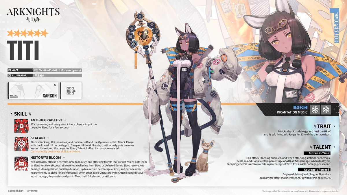 ArknightsEN's tweet photo. Medjehtiqedti, Curator of Varjavandabad Museum. Only her friends can call her 'Titi'. Currently works with Rhodes Island as a field operator, and strives to repair relations between Sargon and Minos.

#Arknights #Yostar https://t.co/iHay1KCD5o