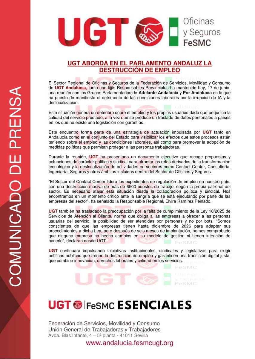 elvirula_'s tweet photo. 🔴 Nos hemos reunido con los GP de #AdelanteAndalucía y #PorAndalucía para abordar la destrucción masiva de empleo generada por la transformación digital en nuestro sector. 

La colaboración político-sindical es el único camino para garantizar una transición digital justa. https://t.co/YXKNXDhuaP