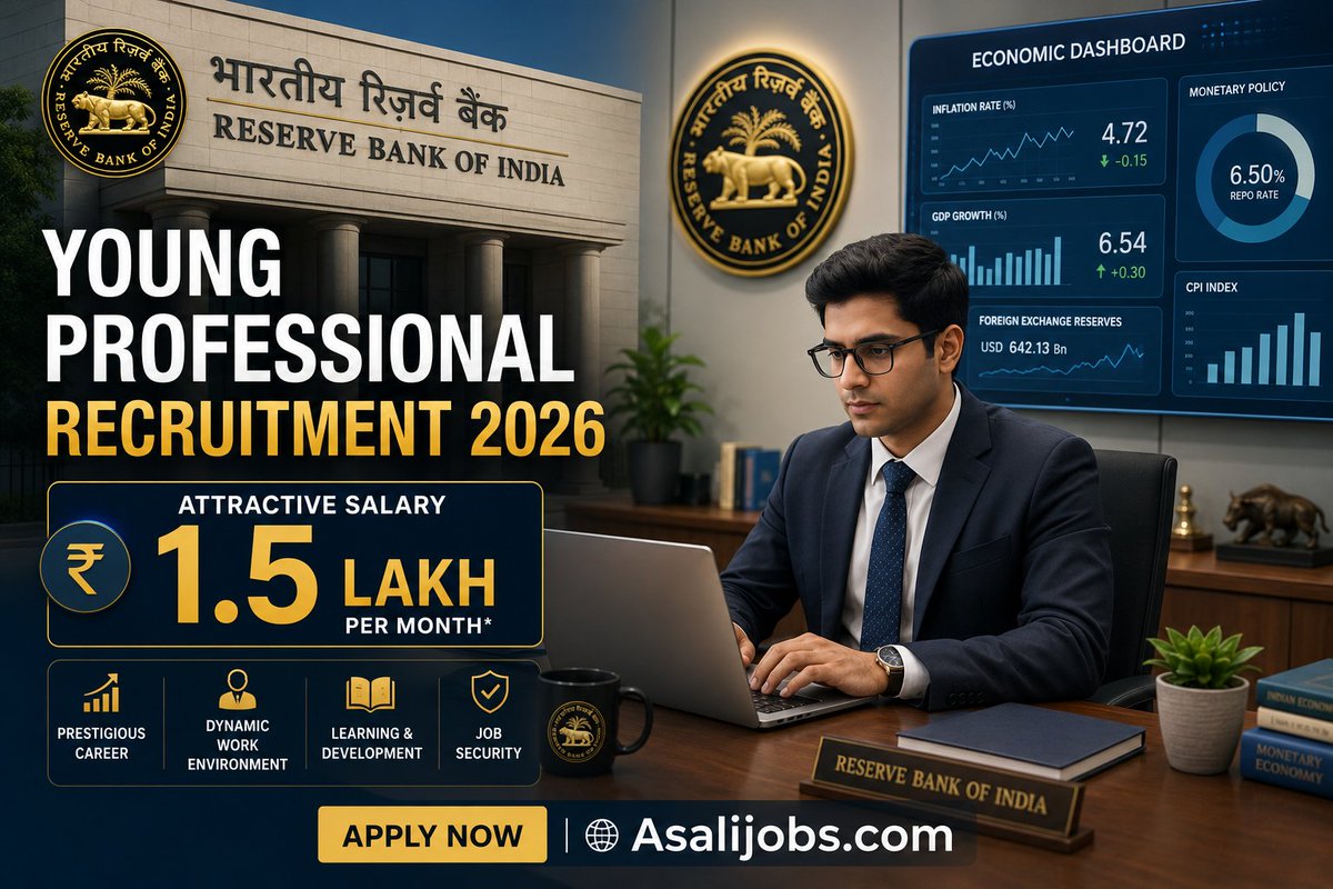 AsaliJobs's tweet photo. RBI Young Professional Recruitment 2026! 

✅ 12 Posts
✅ ₹1,50,000 Monthly Stipend
✅ Job Location: Mumbai
✅ Fields: AI, Cyber Security, Economics, Data Science

Last Date: July 06, 2026. 
Apply Now: https://t.co/puHiPLNiy1 

#RBI #Jobs #Recruitment2026 #GovtJobsIndia #cafnal https://t.co/d54QYvGSzf