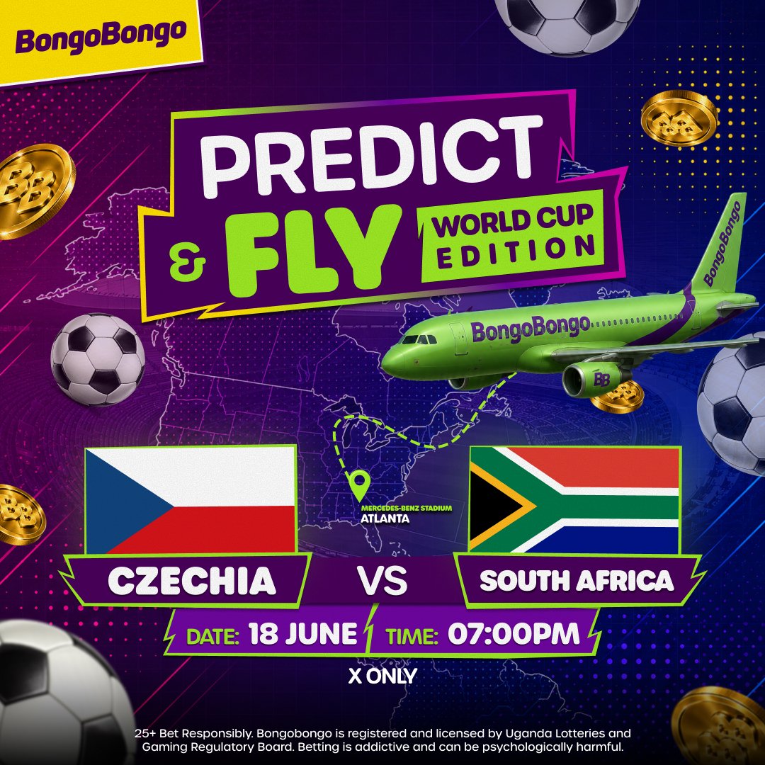 AllanSseky's tweet photo. ✈️ WIN 50 FREE AVIATOR FLIGHTS! ✈️

⚽ 🇨🇿 Czechia vs 🇿🇦 South Africa

Think you can guess the score? Drop your prediction below for a chance to win! 🎁

✅ Reply with your prediction
✅ Like &amp; Repost
✅ Follow @BongoBongo_UG

⏰ Closes today at 6 PM https://t.co/7A1lxrqNNf