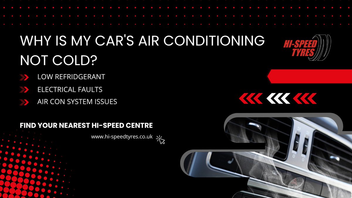 HiSpeedTyresSW's tweet photo. 🥵 Is your car air conditioning blowing warm air? 🚗❄️ Low refrigerant, a dirty filter, electrical faults or a faulty compressor could be the cause. Don't sweat it—book an air con check today and stay cool on the road! ☀️ #AirConService #PortTalbot https://t.co/fgmofUAHAH