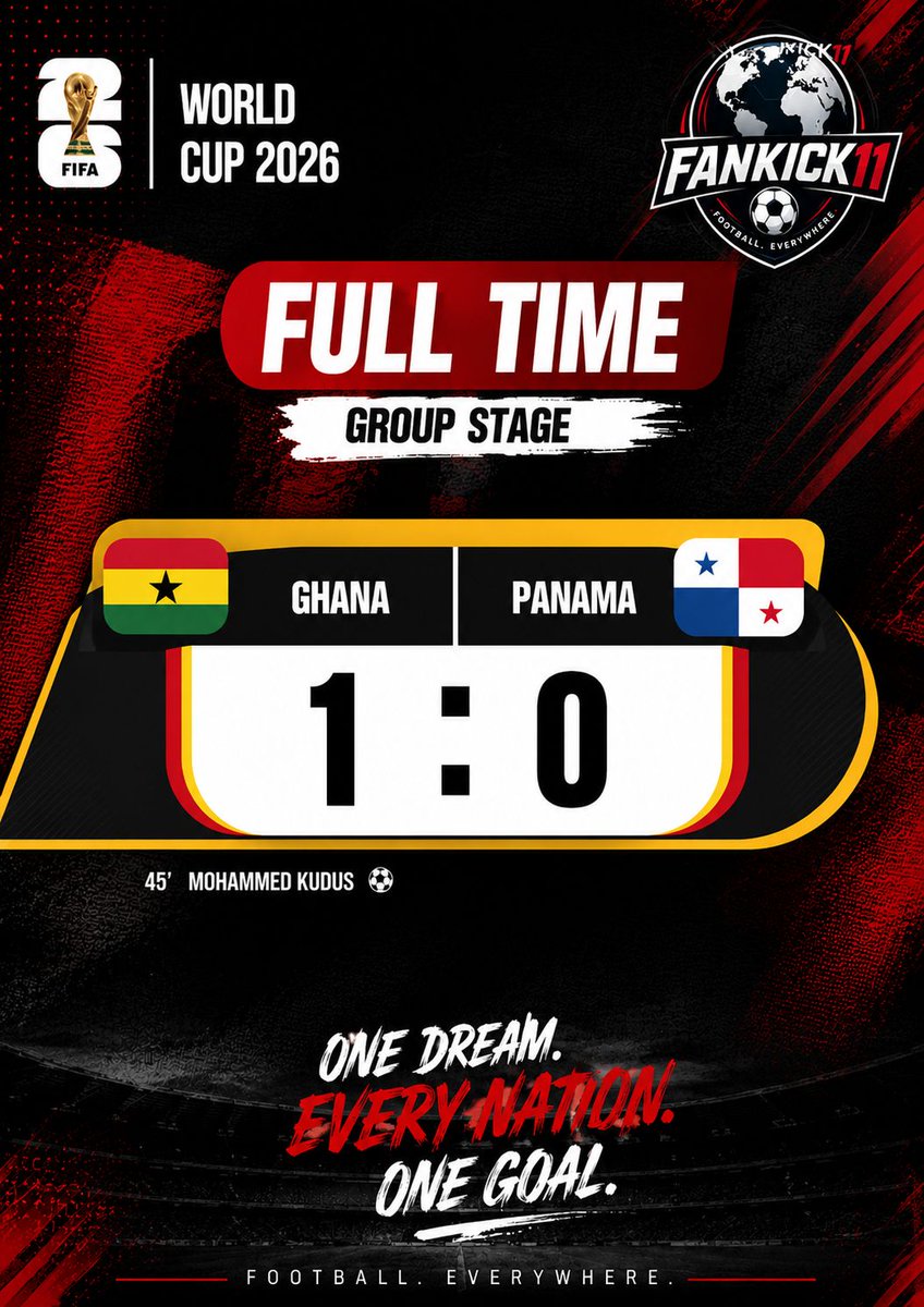 fankick11's tweet photo. FIFA World Cup 2026 | Group Stage

Ghana 1-0 Panama FT

Goal: Mohammed Kudus 45'

Ghana take the win thanks to Kudus' first-half strike.
Panama couldn't find an equalizer.

Follow @Fankick11 for more scores https://t.co/9l3a9FxEeg