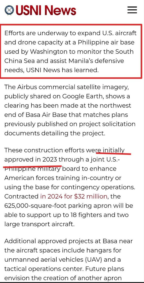 BrianJBerletic's tweet photo. 🇺🇸🇵🇭🇨🇳 US Continues Expanding Military Footprint in Philippines Aimed at China

▪️While the US pretends to make peace with Iran and as it has been pretending decreased involvement in its OWN proxy war on Russia in Ukraine it still 100% is directing in reality, the US continues a military build-up in the Asia-Pacific vs China;

▪️Expanding US aircraft & drone operations in the Philippines is admittedly aimed at flying more sorties over Chinese claims across the South China Sea;

▪️The move was actually signed in 2023 under the Biden administration, and true to continuity of agenda, continues under the Trump administration;

▪️The Philippines are being fashioned into the "Ukraine" of Southeast Asia alongside South Korea, Japan, and Australia, all of whom are having their armed forces fashioned into a de facto NATO for the region under US command and control;

▪️The Philippines in particular are being encouraged by the US to provoke China over disputed waters in a cycle of senseless, ever-escalating clashes despite China being the Philippines' largest most important trading partner and potential infrastructure partner;