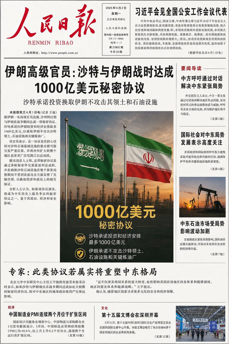 Abdulaziz534711's tweet photo. صحيفة صينية تفجّر مفاجأة مدوية

مسؤول إيراني رفيع: السعودية وإيران توصلتا خلال الحرب إلى اتفاق سري بقيمة 100 مليار دولار.

وبحسب ما نُسب إلى المسؤول، فإن الاتفاق يتضمن تعهد السعودية بضخ استثمارات وترتيبات اقتصادية تصل إلى 100 مليار دولار، مقابل عدم استهداف الأراضي السعودية أو المنشآت النفطية والمصافي الحيوية.

وأضاف أن التفاهم جرى خلال فترة التصعيد، بهدف إبقاء البنية التحتية النفطية السعودية خارج دائرة الاستهداف، مقابل ضمانات وترتيبات اقتصادية وسياسية متبادلة.

إذا صحّت هذه المزاعم، فستُعد من أكثر التفاهمات السرية إثارة للجدل في تاريخ الشرق الأوسط الحديث.