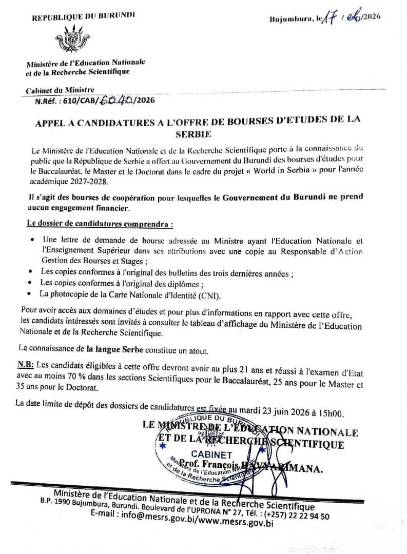 bureau_et's tweet photo. Le @bureau_et porte à la connaissance du public que la République de Serbie a offert des bourses d'études (Bac, Master, Doctorat) au @BurundiGov
pour l'année académique 2027-2028. La date limite de dépôt des dossiers est fixée au lundi 23/06/2026 à 15h. https://t.co/hFaFhD9l48