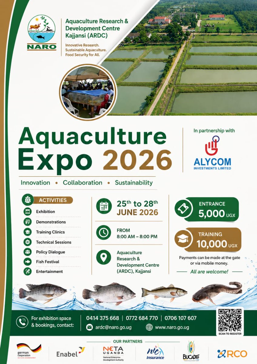 narouganda's tweet photo. The Uganda Aquaculture Expo 2026!

What to Expect at #UgandaAquacultureExpo2026

🔬 Live showcases of cutting-edge fish feeds, hatchery systems, water management, cold-chain solutions & digital farm tools.

🎓 Hands-on training, expert workshops & research-driven solutions for farmers and agribusinesses.

💼 Connections to processors, exporters, financiers & insurers to unlock markets and investment.

👩🏾‍🌾 Dedicated youth & women enterprise zones with pitching and mentorship opportunities.

🍽️ A vibrant Fish Value Chain & Culinary Festival — from pond to plate, celebrating processing, value addition & fish cuisine.

🏛️ High-level policy dialogue with government, regulators & development partners to shape the future of aquaculture.