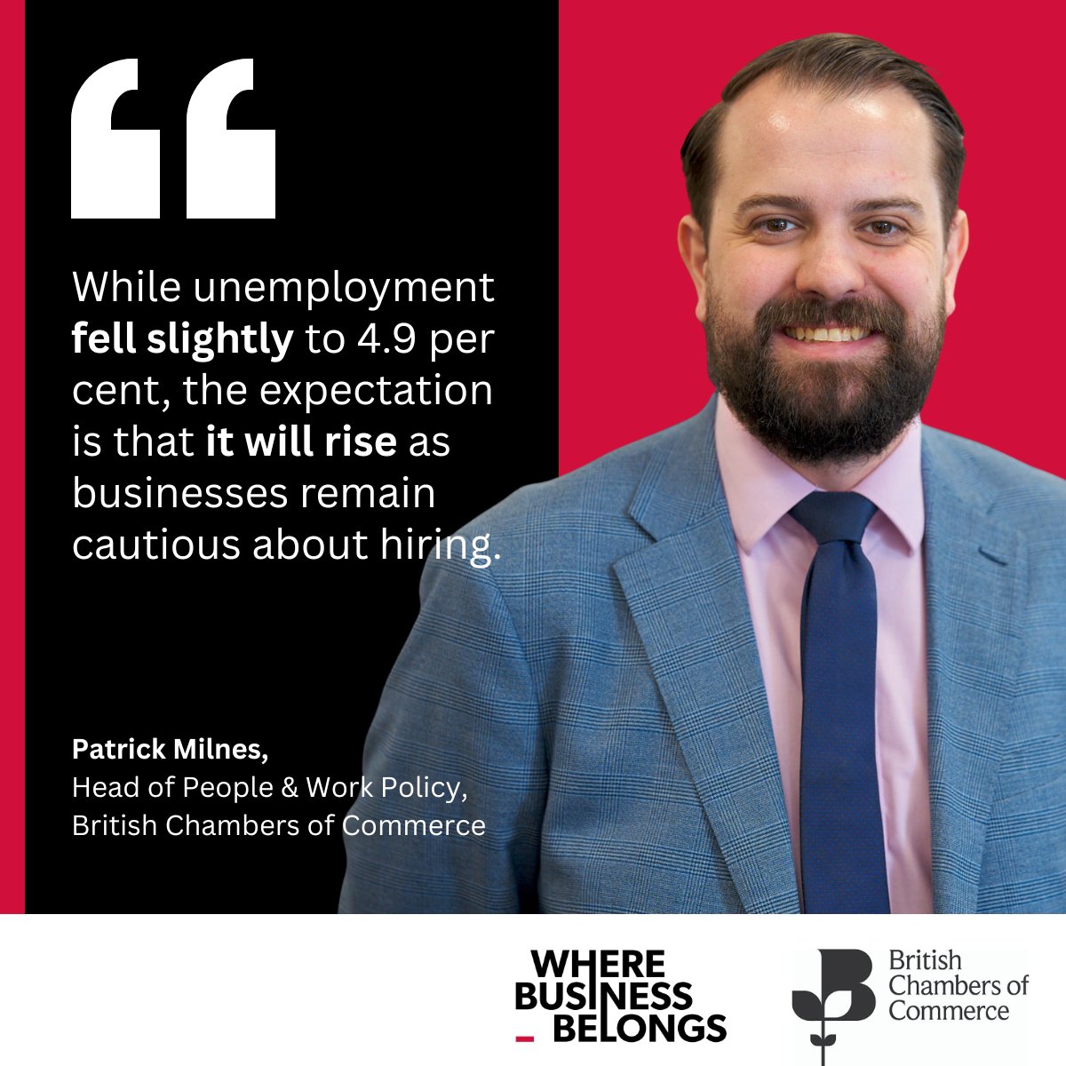 britishchambers's tweet photo. 🚨The latest @ONS labour market data finds #unemployment has fallen slightly to 4.9%. 

But peer beneath the bonnet and all is not rosy. Our policy expert, Patrick Milnes, takes a look at the data. 👇

https://t.co/UoEpmXH0S2 https://t.co/y3sXSnS5Bz