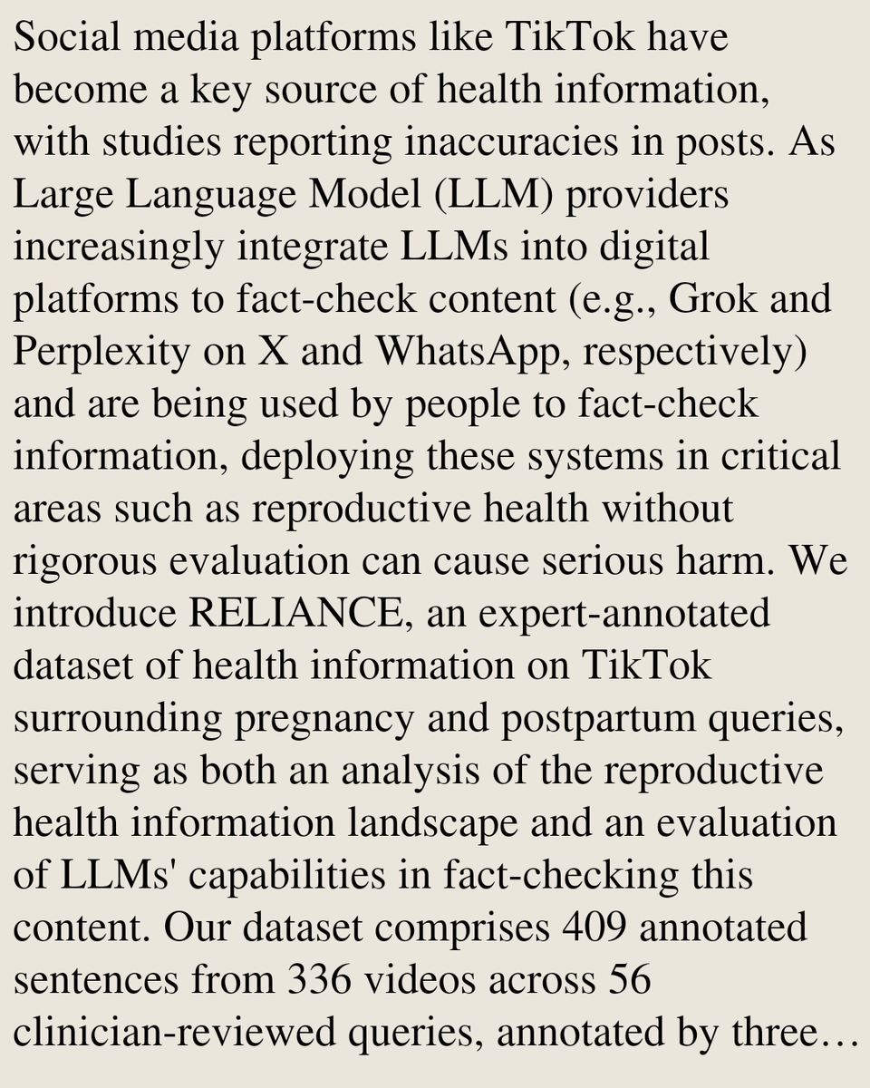 SocialNetPapers's tweet photo. RELIANCE: Curating and Evaluating Reproductive Health Information on Social Media

Vaibhav Balloli, Laura Peyton Ellis, Vishala Mishra, …
https://t.co/CJM7auJoh9 [𝚌𝚜.𝚂𝙸 𝚌𝚜.𝙲𝚈]
💬Accepted at Datasets and Benchmarks Track, ACM Knowledge Discovery and Data Mining (KDD) 2026 https://t.co/Qxv3IAH7rs
