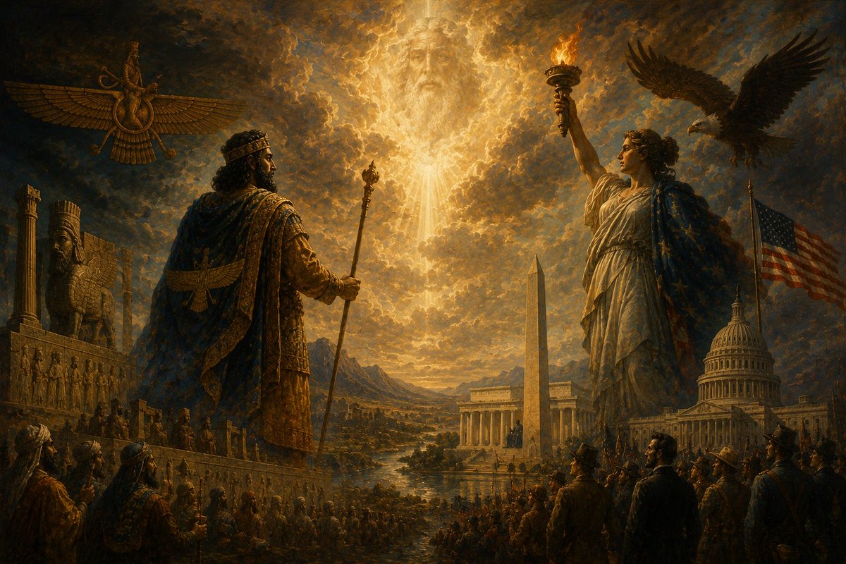 soyroosh's tweet photo. In God We Trusted: The motto that Iran and America share.

Scroll through a list of national mottos and you notice something. France: liberté, égalité, fraternité. India: truth alone triumphs. Canada: from sea to sea. Brazil: order and progress. Greece: freedom or death. Spain: further beyond. Most nations, when asked to distill themselves into a handful of words, reach for geography, ideology, or aspiration. They invoke land, people, or the arc they are bending toward.

Then there are two.

Two nations reach beyond themselves and invoke God.

United States of America: “In God We Trust”
Iran: “God is the Greatest”

I am Iranian. I have spent a significant portion of my life navigating the peculiar dissonance of belonging, in some cultural sense, to both of these civilisations simultaneously and I will admit that when I first noticed this, it stopped me cold. I had even heard it once from a man I was having a cigarette with in Tehran many years ago: that these two nations have a great deal more in common than the eye lets on. That, I will save for another day. Back to the God in the motto; it is and was the answer to a problem both empires faced at their founding and never fully resolved. Understanding that problem explains almost everything else about how they rose, how they governed, and how they will fall.

The problem is blood.

An ethnic empire does not need God. It has ancestry, family trees, shared DNA and pedigree. The logic of blood is self-sufficient: we rule because we are the people, and the people are us. Han China could appeal to Han identity. The Ottoman Empire, at its most Turkish, could appeal to Turkish lineage. Even at their most pluralist, ethnic empires always had a core people whose claim to dominance was written into genealogy.

The Achaemenid Iranians had no such luxury. Cyrus the Great conquered Babylon in 539 BCE and found himself ruling Persians, Medes, Babylonians, Egyptians, Lydians, Jews, Greeks, Scythians, and dozens of peoples whose languages he could not speak and whose gods he had never heard of. There was no single blood to appeal to. The empire was too large, too diverse, too internally contradictory to justify itself by tribe. It needed something above tribe.

America faced the identical problem, two and a half millennia later, for almost identical reasons. It was, from its first generation, a nation assembled from peoples who had arrived from elsewhere. English, Dutch, African, French, German, Irish, all with different languages, different religious traditions, and different histories of arrival. E pluribus unum. The plurality was the point, and the plurality was the problem. You cannot build a national identity on blood when your nation was built by people whose only common ancestor is the fact of having gotten here.

Both empires solved this problem the same way. They reached above the human entirely.

In Cyrus the Great’s case, he did not conquer Babylon. He was chosen by Marduk, the Babylonian god, to liberate it from Nabonidus, who had offended him. He did not defeat the Jews. Yahweh sent him to restore them to Jerusalem. He is, remarkably, the only non-Jewish figure in the Hebrew Bible to be called mashiach; the anointed one, the messiah. In his own royal inscriptions, and in those of Darius after him, almost every declaration begins identically: By the grace of Ahura Mazda. The phrase appears so consistently it becomes almost syntactic, a grammatical requirement before any sentence about power.

This was not piety as we understand it. It was the unifying principle upon which an empire rested. Without divine legitimacy, the Iranian king was merely the latest warlord with a larger army than his rivals. With it, he became the earthly steward of Asha, the Zoroastrian ideal of truth, order, and right arrangement. The empire was not conceived as an instrument of conquest but as a guardian of cosmic order. To oppose it meant to side with druj, the lie, the disorder, the darkness that threatened to unravel the proper balance of the world.

America followed the same grammar. “In God We Trust” was not part of the founding documents. Jefferson and Madison were too philosophically careful for that. The phrase first appeared on coins during the Civil War, when the nation was tearing itself apart and needed an authority higher than the Constitution itself. The Constitution had become the very thing being contested.

It later became the official national motto in 1956, at the height of Cold War anxiety, when there was an ideological threat. A self-consciously godless communism confronted a democracy that increasingly defined itself through an appeal to God.

Both moments are revealing for the same reason. The phrase emerges in times of crisis instead of times of calamity. God is what a civilisation reaches for when blood is not enough, when institutions are under strain, and when argument has exhausted its persuasive power.

Once you ground your empire in divine mandate, certain things follow almost inevitably, as downstream consequences of that single upstream decision.

The first is the liberation myth. When you are doing God’s work, you cannot be a conqueror. You can only be a liberator. The Cyrus Cylinder is, at its core, a liberation narrative. Cyrus freed Babylon. He restored the exiled. He returned the stolen gods to their temples. The conquest is written entirely as rescue. America has told the same story about every military engagement in its history, without exception. They did not invade, they liberated. They did not occupy, they rebuilt. The theological grounding makes conquest psychologically impossible to acknowledge, even privately. This is not cynicism or propaganda. It is the sincere blindness that comes from genuinely believing you are the instrument of something larger than yourself.

The second consequence is the moral binary in foreign policy. Zoroastrianism may be the first great dualist religion: the universe as an absolute struggle between light and darkness, truth and lie, with no neutral ground and no permanent accommodation possible. This theology, that grew out of the temple, shaped how Achaemenid kings understood their enemies. They went beyond looking at them as political adversaries with legitimate interests. Rather the Achaemenids saw them as agents of chaos who had to be defeated for the sake of cosmic order. American foreign policy has operated on a structurally identical template. The Cold War was not framed as a competition between two great powers with different economic systems. It was framed as a struggle between the free world and tyranny, between God and godlessness, between light and an axis of evil. Behind both empires lies the same instinct: to see history as a contest between what is right and what is wrong, rather than between competing interests and imperfect actors. Once that lens takes hold, accommodation becomes difficult. Compromise begins to look like complicity. After all, you do not negotiate with druj.

The third consequence is the most uncanny: the empire becomes invisible to itself. If you are doing God’s work, you are not an imperialist. You are a servant, burdened by responsibility you did not ask for. Ordinary Persians in the Achaemenid heartland did not experience themselves as the ruling class of a vast extractive empire. They experienced themselves as the chosen stewards of cosmic order, maintaining the peace that would collapse without them. Most Americans do not experience themselves as imperial citizens either. They experience themselves as a free people, occasionally exhausted by global obligation, trying their reluctant best. Beyond being useful propaganda for the elite, this theological grounding produces a genuine mass psychology of innocence that persists even as the evidence accumulates. The greatest privilege of an empire is not power. It is the ability to mistake its own interests for the interests of the world.

There is also one final consequence I keep returning to, and it is the one I find hardest to resolve.

Civilisations build for eternity when they start feeling mortal. Persepolis was constructed by Darius and Xerxes at precisely the moment when the Achaemenid Empire was transitioning from expansion to administration, from hunger to maintenance, from making history to managing it. The columns, the audience halls, and the relief carvings of tribute-bearing peoples from every corner of the known world were built to project permanence onto a system that was already beginning to harden.

Washington, D.C.’s monumental core emerged during a similar phase. Much of it was cemented in the late nineteenth and early twentieth centuries, when America was entering its imperial adolescence and still intoxicated by its own momentum. The Lincoln Memorial. The Jefferson Memorial. The Mall. All were built to look eternal.

They were built to look eternal. History, as it tends to do, arrived shortly afterward to remind everyone that nothing is.

The monuments will outlast the power. They always do. That is, perhaps, exactly what they were built for.

I do not know what to make of the fact that both of these empires, the one I am descended from and the one I grew up under the shadow of, inscribed God into their official identities and then proceeded to behave in ways that sat uneasily with the ideals they claimed to serve.

Maybe that is the point.

Maybe “In God We Trust” and “Allahu Akbar” are not merely declarations of faith. Maybe they are admissions of need. Confessions that an empire is too vast, too diverse, and too internally contradictory to hold together through any purely human logic, and therefore requires something beyond the human to legitimise it.

If that is true, then the motto is more than just a boast. It is a prayer.

And prayers, as anyone who has read the inscriptions at Persepolis knows, do not always receive the answer that was hoped for. The columns still stand. The empire does not.

Between the permanence of the stone and the impermanence of the power it was built to celebrate lies a lesson that neither Iran nor America escaped. Both invoked God not as an object of worship, but as a source of legitimacy, purpose, and meaning. Both sought to anchor something temporal in something eternal.

Yet history is merciless toward such ambitions. The monuments endure. The slogans survive. The prayers remain carved into stone and stamped onto coins. But the societies that utter them are forever changing, forever falling short of the ideals they invoke.

Perhaps that is what these two civilisations ultimately share: the audacity to speak in the name of God, and the profoundly human inability to fully live up to what that requires.