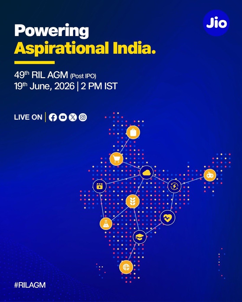 reliancejio's tweet photo. You are invited to the 49th AGM (Post IPO) of Reliance Industries Limited on 19th June 2026, LIVE at 2pm. 

#RILAGM https://t.co/TJj0iWPXRi
