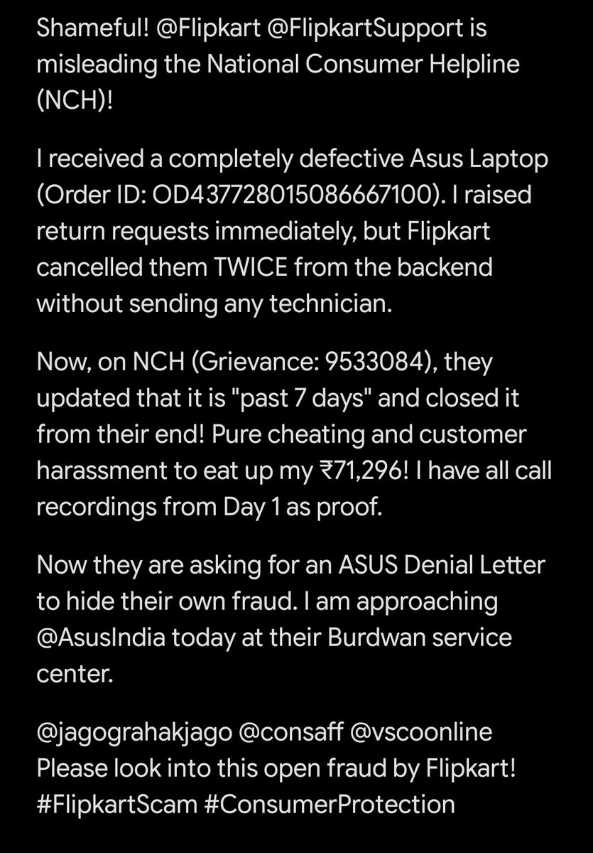 AjayHalder24974's tweet photo. @flipkartsupport  @consaff @ASUSIndia @consaff @Flipkart @jagograhakjago https://t.co/CZFLjIYd6H