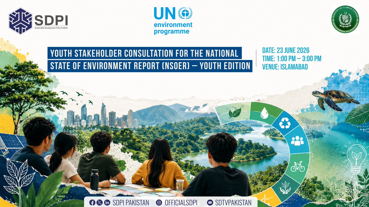 SDPIPakistan's tweet photo. ▪️| SDPI Youth Consultation - NSOER |▪️

🔹Calling students, young professionals, researchers & climate advocates. 

🔹Register for the 𝐘𝐨𝐮𝐭𝐡 𝐒𝐭𝐚𝐤𝐞𝐡𝐨𝐥𝐝𝐞𝐫 𝐂𝐨𝐧𝐬𝐮𝐥𝐭𝐚𝐭𝐢𝐨𝐧 𝐟𝐨𝐫 𝐭𝐡𝐞 𝐍𝐚𝐭𝐢𝐨𝐧𝐚𝐥 𝐒𝐭𝐚𝐭𝐞 𝐨𝐟 𝐄𝐧𝐯𝐢𝐫𝐨𝐧𝐦𝐞𝐧𝐭 𝐑𝐞𝐩𝐨𝐫𝐭 (#𝐍𝐒𝐎𝐄𝐑) – 𝐘𝐨𝐮𝐭𝐡 𝐄𝐝𝐢𝐭𝐢𝐨𝐧.

◻️23 June
◻️1PM–3PM
◻️Islamabad

📌 Register:
https://t.co/kuuYnMnfeR

♦️Closed consultation. Only shortlisted participants will be contacted via email.
@Abidsuleri | @ZainabNaeem7 | @UNEP | @PlanComPakistan | 
#ClimateAction #YouthForEnvironment #SDPI